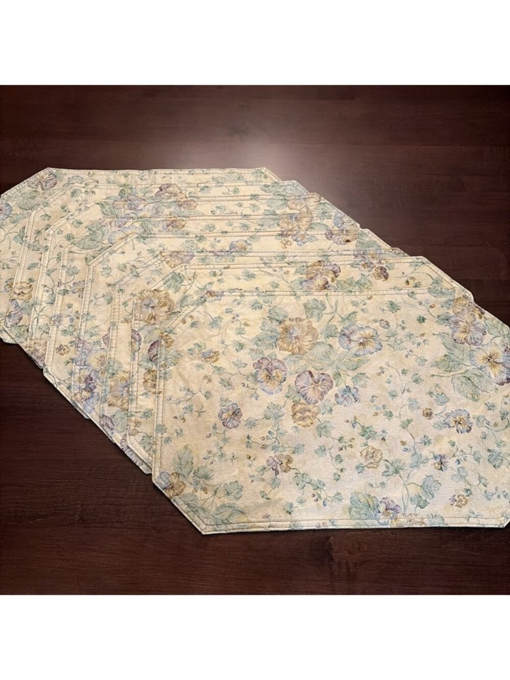 Set of 8 Vintage Vinyl Coated Placemats 18X12” Multicolor Floral Pansies Cottage